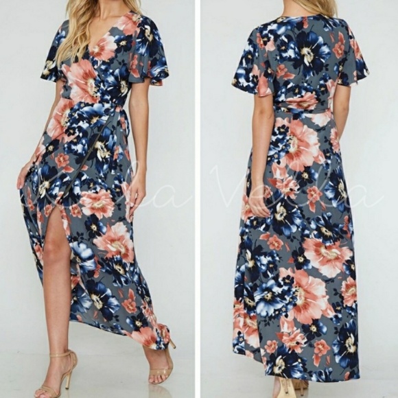 Dark Grey Floral Wrap Dresses - Picture 2 of 7